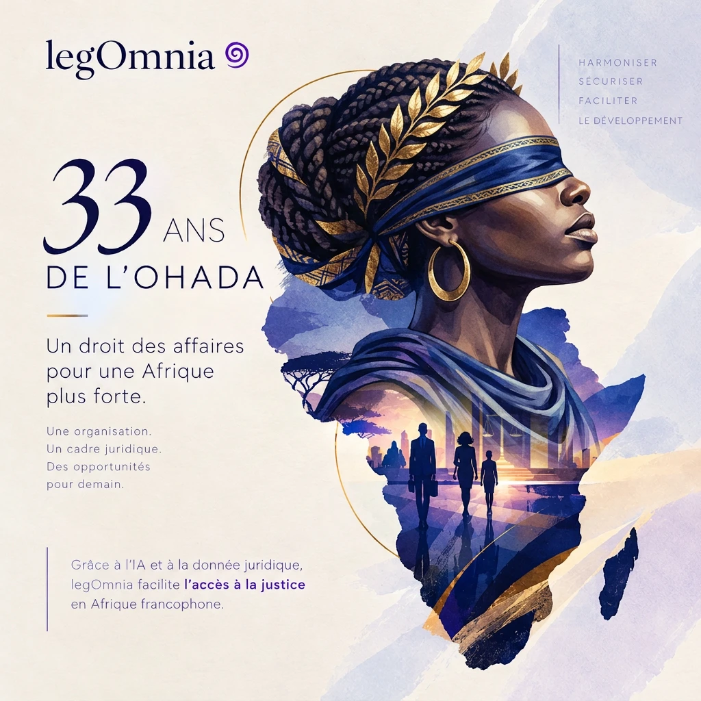 Allégorie de la justice africaine, les yeux bandés et couronnée de lauriers, devant la carte de l’Afrique : 33 ans de l’OHADA